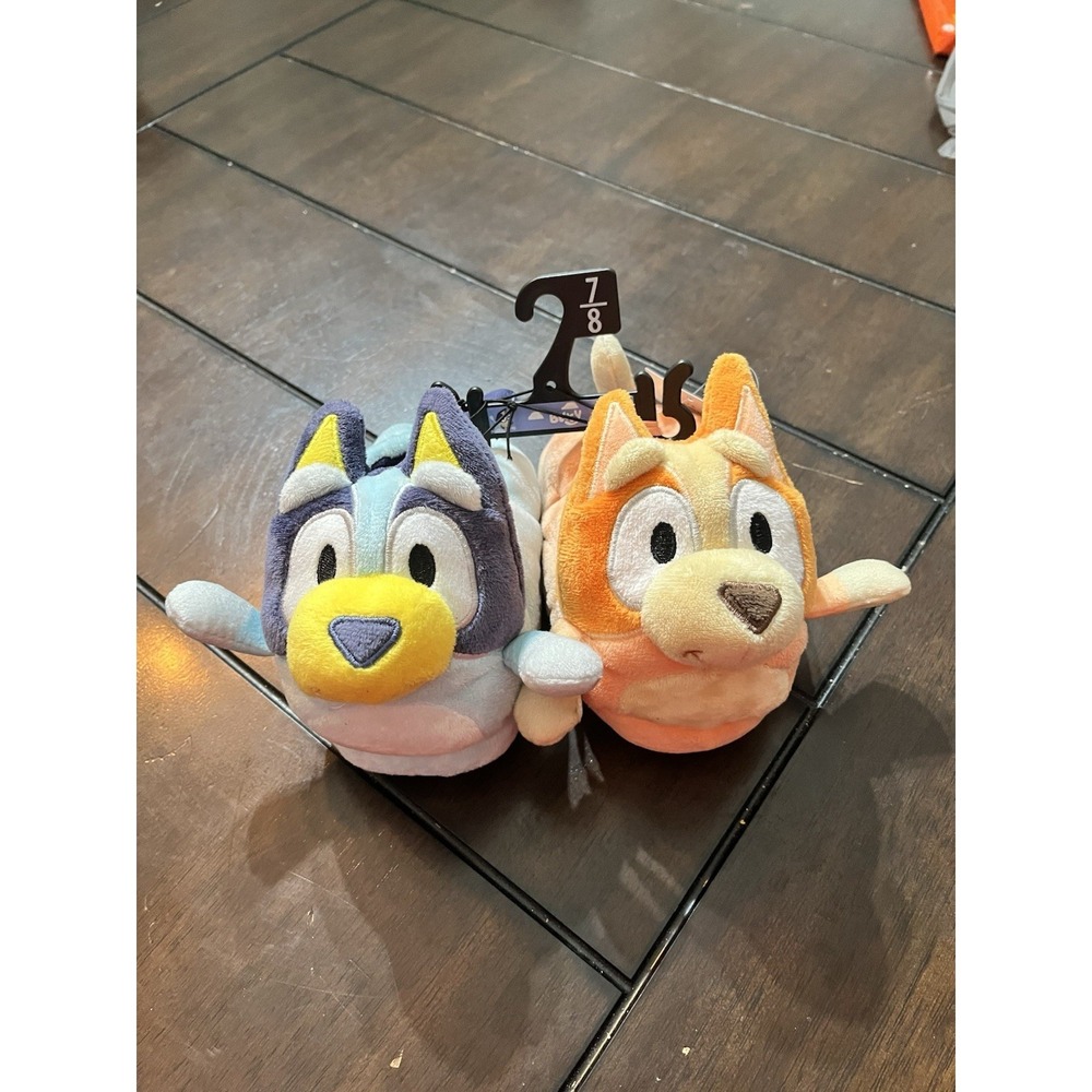 Bluey & Bingo Kids Plush Slip-On Slippers Non-Slip Blue Orange Size 7/8 NEW